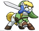  blonde_hair bottomless clothed clothing crossover cutie_mark derp derpy_hooves_(mlp) earth_pony equine feral friendship_is_magic glare hair half-dressed horse link mammal master_sword melee_weapon mouth_hold my_little_pony nintendo pokehidden pony pose raised_hoof solo sword the_legend_of_zelda triforce video_games weapon 