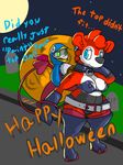  areola blue_eyes breasts chubby clothing duo english_text eyelashes female fionthebunny hair halloween holidays hyena lagomorph legwear male mammal navel nipples open_mouth piercing rabbit simple_background smile text wings 