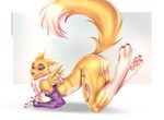  all_fours ass_up breasts butt canine digimon doomthewolf female fluffy_tail fox fur looking_at_viewer mammal nude paws renamon smile solo white_fur yellow_fur 