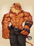  2015 abs anthro beard belt biceps big_muscles blonde_hair blue_eyes breath clothed clothing digimon facial_hair feline hair half-dressed leomon lion looking_at_viewer mammal mane muscular necklace nipples pants pants_down pecs pubes scar topless waddledox weapon 