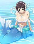 big_breasts blush breasts brown_eyes brown_hair cleavage clothed clothing female fin hair marine merfolk nash_(artist) open_mouth pose sitting solo water 