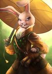  amber_(armello) anthro armello buckteeth clothed clothing cravat female fur lagomorph mammal ocaritna parasol purple_eyes rabbit scroll smile solo teeth white_fur 