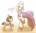  blush brown_hair caprine clothed clothing countaile crossover cub daughter duo earth_pony equine eyes_closed female feral frisk fur goat hair happy horse mammal mother my_little_pony parent ponification pony raised_hoof speech_bubble toriel undertale video_games white_fur young 