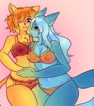  anthro blue_skin blush breasts cat clothing digimon dragon duo feline femacendramon female female/female green_eyes hair mammal open_mouth panties pikunamon raikissu red_eyes scalie tongue tongue_out underwear white_hair yellow_skin 