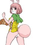  2015 anthro anus big_tail bottomless butt cape carrot_(one_piece) clothed clothing corset fur gloves hair half-dressed kurita lagomorph long_ears looking_at_viewer mammal minkmen_(one_piece) one_piece pink_fur pink_hair pussy rabbit simple_background solo white_background white_sclera 