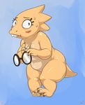  3_toes alphys atryl blush breasts chubby cleavage clothed clothing dinosaur eyelashes eyewear female glasses looking_at_viewer navel nerd nude reptile scalie solo standing sweat teeth toes undertale video_games 