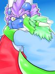  abs amauta anthro blue_scales blush clothed clothing dragon duo green_scales hair horn kissing male male/male muscular open_mouth pecs purple_hair reptile scales scalie shiny shirt tank_top teeth tongue yellow_eyes 