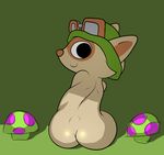  2015 back butt digital_media_(artwork) eyewear goggles hat league_of_legends looking_at_viewer male mammal monkeybutt mushroom nude outside rear_view simple_background sitting solo teemo video_games yordle young 