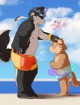  anthro black_hair blush brown_fur canine clothed clothing cub dog duo eyewear fur goggles hair half-dressed male mammal nipples open_mouth pecs pet sea seaside shorts sky smile speedo standing swimsuit text topless underwear underwear_festival water young 布哥-boog_(artist) 