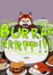  americananomaly_(artist) anthro belly big_belly big_breasts breasts canine chubby clothed clothing dog english_text feline female food fur hair irish long_hair lynx lynxuki mammal morbidly_obese necktie obese overweight riley_o&#039;shane saluki solo text tongue 