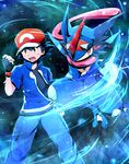  alternate_form baseball_cap black_hair clenched_hand fingerless_gloves gen_6_pokemon gloves greninja hat pokemon pokemon_(anime) pokemon_(creature) red_eyes satoshi-greninja satoshi_(pokemon) scarf shirogane_yu short_hair shuriken tongue unzipped water 