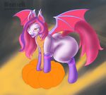  2015 arrhythmia bat_pony bat_wings clothing equine fan_character fangs female feral hair legwear long_hair mammal multicolored_hair my_little_pony pumpkin socks solo two_tone_hair weasselk wings 