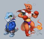  2015 angry armor boots boxing_gloves cape charmeleon clothed clothing eye_contact footwear green_eyes haychel hoodie mycaelis nintendo papyrus_(undertale) partially_clothed pok&eacute;mon red_eyes sans_(undertale) scarf shorts standing totodile undertale vagus video_games 