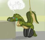  alligator angry anthro armlet bdsm bondage bound breasts chubby claws clothing female inside jewelry kneeling legwear navel nipples non-mammal_breasts nude raised_tail reptile rubber scalie siyah solo stockings tape thick_tail thick_thighs thought_bubble yellow_sclera 