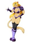  anthro armor big_breasts blonde_hair boots breasts cleavage clothed clothing feline female fingerless_gloves footwear gloves green_eyes hair legwear long_hair mammal midriff navel open_mouth ryousakai solo standing stockings teeth tongue unconvincing_armor 