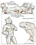  anthro armband being_watched chris_sawyer comic dialogue dinosaur english_text feline female feral flaccid humanoid_penis humor interspecies larger_feral male mammal monochrome naked_male nude penis predator/prey_relations prey_for_me_(comic) raptor saber-toothed_cat scalie sepia text toned 