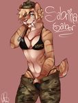  anthro bambii_dog blonde_hair bra breasts brown_fur clothed clothing dog_tags english_text fangs feline female fur hair half-closed_eyes hat inner_ear_fluff invalid_tag looking_at_viewer mammal navel open_mouth panties saber-toothed_cat simple_background smile solo stripes teeth text tongue underwear unzipped 