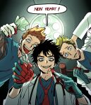  3boys american_idiot aqua_eyes aqua_gloves bag bags_under_eyes baoul101552 billie_joe_armstrong blonde_hair blood blood_on_face blood_on_gloves blood_on_hands blood_on_knife blood_on_mask blood_on_weapon blue_eyes blue_shirt bomb brown_hair coat commentary doctor english_text evil_grin evil_smile explosive from_below frown furrowed_brow gloves green_day grin heart_(organ) highres holding holding_bag holding_bomb holding_heart_(organ) holding_mallet holding_scalpel knife lab_coat lapels looking_at_viewer male_focus mallet mask mask_pull medical_gloves medical_scrubs mike_dirnt mouth_mask multiple_boys necktie plastic_bag red_necktie rubber_gloves scalpel scratching_head shirt short_hair smile speech_bubble stethoscope stethoscope_around_neck surgery surgical_mask symbol-only_commentary talking thick_eyebrows tongue tongue_out tre_cool v-shaped_eyebrows very_short_hair weapon white_coat white_gloves wide-eyed 