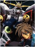  1990s_(style) 1boy absurdres blue_eyes brown_hair closed_mouth gundam gundam_wing hair_between_eyes heero_yuy highres long_hair male_focus mecha mobile_suit retro_artstyle robot short_hair sind_ngmhn28 solo v-fin wing_gundam_zero 