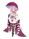  1girl black_shoes breasts cleavage clothing_cutout dress gloves highres holding holding_umbrella kurowanjjyang large_breasts malice_evermore navel navel_cutout phase_connect pink_hair pointy_ears purple_eyes shoes solo thighhighs tiara umbrella virtual_youtuber white_dress white_gloves white_sleeves wide_sleeves 