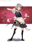  1girl apron back_bow black_boots black_bow black_gloves black_ribbon black_skirt black_thighhighs black_vest boots bow braid character_name collared_shirt commentary_request cup floating floating_object floating_weapon frilled_apron frills full_body gloves grey_hair hair_bow high_heels highres holding holding_tray izayoi_sakuya knife knife_sheath looking_at_viewer maid maid_headdress multiple_weapons neck_ribbon oftooon outstretched_arm partial_commentary print_skirt puffy_short_sleeves puffy_sleeves red_background red_eyes ribbon shadow sheath shirt short_hair short_sleeves sideways_glance simple_background skirt solo standing teacup teapot thigh_strap thighhighs throwing_knife touhou tray twin_braids vest waist_apron weapon weapon_formation weapon_in_garters white_apron white_bow white_shirt 