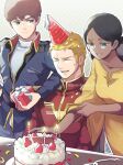  1girl 2boys alternate_universe amuro_ray birthday birthday_cake black_hair blonde_hair blue_eyes brown_hair cake char's_counterattack char_aznable crying dark-skinned_female dark_skin earth_federation food fruit gift good_end green_eyes gundam hat highres lalah_sune multiple_boys neo_zeon oh_syz party_hat strawberry 