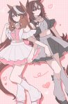  2girls absurdres animal_ears black_shirt black_shoes black_shorts black_skirt black_socks blush breasts brown_hair closed_mouth clothing_cutout cropped_shirt detached_collar ear_ornament earrings hair_between_eyes heart highres horse_ears horse_girl horse_tail jewelry kiri_rio7 layered_skirt locked_arms long_hair looking_at_viewer meni_shuki_rush-sshu! midriff multicolored_hair multiple_girls pink_shirt pink_skirt pink_socks purple_eyes red_eyes shirt shoes shorts shoulder_cutout single_earring sirius_symboli_(umamusume) skirt smile socks streaked_hair symboli_rudolf_(umamusume) tail umamusume white_hair 