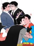  2boys arms_up batman batman_(series) belt black-framed_eyewear black_cape black_gloves black_hair black_jacket black_necktie blue_bodysuit blue_eyes blue_jacket blush bodysuit bowi4_0808 bruce_wayne cape clark_kent closed_mouth clothes_grab collared_shirt dc_comics eye_contact full-face_blush glasses gloves grey_bodysuit hashtag-only_commentary heart highres jacket lapels looking_at_another male_focus multiple_boys necktie nervous_sweating notched_lapels open_clothes open_jacket purple_necktie red_cape shirt short_hair smile suit_jacket superman superman_(series) sweat utility_belt white_background white_shirt wide-eyed wing_collar yaoi yellow_belt 