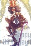  1boy afro ascot black_hair black_suit blue_ascot brook_(one_piece) cane crossed_legs crown happy_birthday head_rest highres holding holding_cane looking_at_viewer male_focus one_piece pointy_shoes sitting skeleton smile solo suit sunglasses tomatop 