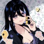  1girl bee beehive black_hair black_jacket black_nails blue_bra blue_hair bra breasts bug cleavage closed_mouth collarbone colored_inner_hair commentary cross cross_earrings double-parted_bangs ear_piercing earrings english_commentary fingernails floral_background grey_eyes hair_between_eyes hand_up highres holding jacket jewelry large_breasts long_hair long_sleeves looking_at_viewer multicolored_hair nail_polish original piercing ryuuxin sadie_(ryuuxin) smile solo streaked_hair underwear upper_body 