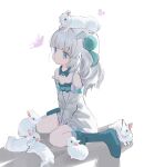  1girl absurdres animal_on_head blue_boots blue_eyes boots bug butterfly closed_mouth detached_sleeves doubutsunoujyou dress has_bad_revision has_downscaled_revision highres long_hair md5_mismatch on_head original rabbit rabbit_on_head resolution_mismatch short_dress sitting sleeveless sleeveless_dress solo source_smaller strap_slip wariza white_dress white_hair white_sleeves 