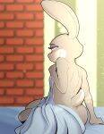 2025 absurd_res anthro bed bedding blanket brick_wall butt digital_media_(artwork) disney doylecoati female fur furniture glowing glowing_eyes grey_body grey_fur hi_res judy_hopps lagomorph leporid mammal multicolored_body multicolored_fur purple_eyes rabbit solo two_tone_body two_tone_fur wall_(structure) zootopia