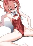  1girl absurdres ahoge animal_ear_hairband animal_ears asymmetrical_hair barefoot blue_archive bow bowtie braid detached_collar fake_animal_ears hairband highres huge_ahoge leotard mole mole_under_each_eye mole_under_eye multiple_moles neru_(blue_archive) neru_(bunny)_(blue_archive) official_alternate_costume orange_hair oversized_breast_cup playboy_bunny rabbit_ears red_bow red_bowtie red_eyes red_leotard short_hair single_braid sitting solo spread_legs strapless strapless_leotard yachi_(fujiyasu0616) 