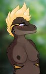  anthro blonde_hair blurred_background blush breasts brown_scales female furrycandyshop gecko hair lizard looking_away markings nipples nude pale_blue_eye reptile sahara scaile scales scalie simple_background solo spots standing 