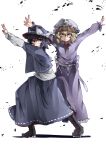  2girls absurdres alternate_eye_color black_hat black_skirt blonde_hair boots bow brown_boots closed_mouth dancing dress dress_ribbon frills hair_between_eyes hat highres large_bow long_dress long_skirt long_sleeves looking_at_viewer maribel_hearn mob_cap multiple_girls muraryo outstretched_arms purple_dress red_eyes red_ribbon ribbon sash shirt short_hair skirt sleeve_cuffs smile standing standing_on_one_leg touhou usami_renko white_background white_bow white_hat white_sash white_shirt yellow_eyes 