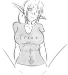  2015 anthro avalonicous blush bottomless breasts caprine clothed clothing female hair half-dressed horn humanoid league_of_legends looking_at_viewer mammal monochrome nipples shirt simple_background smile solo soraka sweat text video_games white_background 
