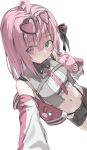  1girl absurdres black_panties black_ribbon black_shorts commentary cropped_shirt cropped_vest eyewear_on_head green_eyes grey_vest hair_over_one_eye hair_ribbon heart heart-shaped_eyewear heterochromia highres himemori_luna himemori_luna_(streetwear) hololive jacket letterman_jacket long_bangs looking_at_viewer official_alternate_costume panties panty_straps pink_hair purple_eyes red_jacket ribbon scarlet_(wv0102) shirt short_hair short_shorts shorts simple_background sleeveless sleeveless_shirt solo symbol-only_commentary underwear vest white_background white_shirt 