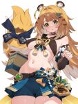  1girl animal_ears bike_shorts blonde_hair blue_ribbon blue_shorts blush breasts colored_inner_hair commentary_request cosplay covered_nipples fingernails genshin_impact green_eyes hair_ornament highres ju_fufu kirara_(genshin_impact) kirara_(genshin_impact)_(cosplay) long_hair medium_breasts multicolored_hair navel ribbon shorts simple_background solo star_(symbol) star_hair_ornament stomach sweat tail tail_ornament tail_ribbon tiger_ears tiger_girl tiger_tail two-tone_hair waterring white_background white_hair zenless_zone_zero 