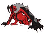  2015 avian baby belly big_belly birth black_skin blue_eyes blush claws duo female feral fur grey_fur horn labor legendary_pok&eacute;mon mother nintendo parent pok&eacute;mon pregnant pussy pussy_juice red_skin simple_background spread_legs spreading stationaryspoon sweat toe_claws video_games white_background young yveltal 