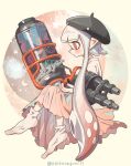  1girl artist_name black_hat commentary_request dress full_body gradient_hair hat highres holding holding_weapon hydra_splatling_(splatoon) inkling inkling_girl inkling_player_character multicolored_hair no_shoes osakanagumi11 pink_dress red_eyes red_hair socks solo splatoon_(series) splatoon_3 star_(symbol) tentacle_hair twitter_username two-tone_hair weapon white_hair white_socks 