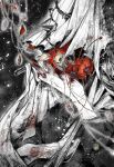  1boy black_background charon_(reverse:1999) coat covered_face dog_tags eat_cola flower greyscale hand_up hashtag-only_commentary highres holding_dog_tags male_focus monochrome poppy_(flower) red_flower reverse:1999 solo spot_color upper_body veil 