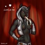  &lt;3 2013 anthro banana breasts canine clothing dialogue digital_media_(artwork) english_text female food fruit jacket kostos_art looking_at_viewer mammal navel nipples open_mouth pants red_eyes solo suggestive suggestive_food teasing text tongue tongue_out vest wolf 
