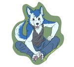  2011 anthro barefoot black_eyes blue_fur blue_hair canine claws clothed clothing crossed_legs fur hair hindpaw looking_at_viewer low_res male mammal open_mouth pants pawpads paws pulse shirt simple_background sitting smile solo teeth toe_claws tongue touchofsnow white_background white_fur 