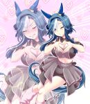  1girl admire_groove_(umamusume) animal_ears black_hairband black_shirt black_shorts blue_hair breasts cleavage clothing_cutout cropped_shirt detached_collar ear_covers embarrassed grey_skirt hairband heart heart_hands highres horse_ears horse_girl horse_tail layered_skirt looking_at_viewer loose_socks meni_shuki_rush-sshu! mole mole_under_mouth multicolored_hair one_eye_closed pink_socks shirt short_hair_with_long_locks shorts shorts_under_skirt shoulder_cutout skirt socks solo streaked_hair tail umajiri_gyuunyuu umamusume white_hair 