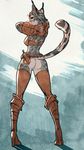  anthro armor belt boots bottomless bra butt clothed clothing dagger edit feline female fingerless_gloves footwear gloves half-dressed hands_behind_back high_heels inanna-nakano khajiit knife looking_at_viewer looking_back mammal melee_weapon pussy rear_view skyrim solo the_elder_scrolls unconvincing_armor underwear video_games weapon 