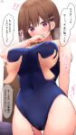  1girl @_@ armpit_crease bare_shoulders blush breasts brown_hair childhood_friend-chan_(ramchi) covered_navel covered_nipples covering_own_mouth flying_sweatdrops from_below grabbing_another's_breast groin groping hair_ornament hand_up highres invisible_man large_breasts looking_down medium_hair motion_lines original purple_eyes raised_inner_eyebrows ramchi school_swimsuit speech_bubble straight_hair sweat sweatdrop swept_bangs swimsuit thighs x_hair_ornament 