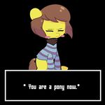  ambiguous_gender blush brown_hair clothed clothing crossover dialogue earth_pony equine feral friendship_is_magic hair horse mammal my_little_pony ponification pony protagonist_(undertale) scarf solo turtlefarminguy undertale video_games 