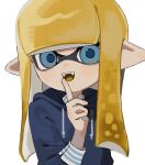  1girl blonde_hair blue_eyes blue_hoodie blue_pupils commentary fangs hood hoodie index_finger_raised inkling inkling_girl inkling_player_character long_hair looking_at_viewer open_mouth pointy_ears sabata_saba simple_background smile solo splatoon_(series) splatoon_3 teeth tentacle_hair upper_body upper_teeth_only white_background 