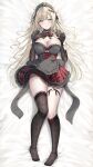  1girl black_bow black_gloves black_headdress black_thighhighs blonde_hair bow breasts cleavage closed_mouth elbow_gloves full_body gloves green_eyes heart heart_o-ring highres large_breasts long_hair looking_at_viewer loose_thighhigh lying no_shoes novel_illustration o-ring o-ring_thigh_strap official_art on_back red_skirt second-party_source skirt smile thigh_strap thighhighs tomoo_(tomo) tongue tongue_out very_long_hair 