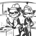  ? anthro apron burger business cooking deejay_(artist) dialogue drive_thru duo fangs food grill headset heat looking_at_viewer mammal monochrome raccoon smile text working 